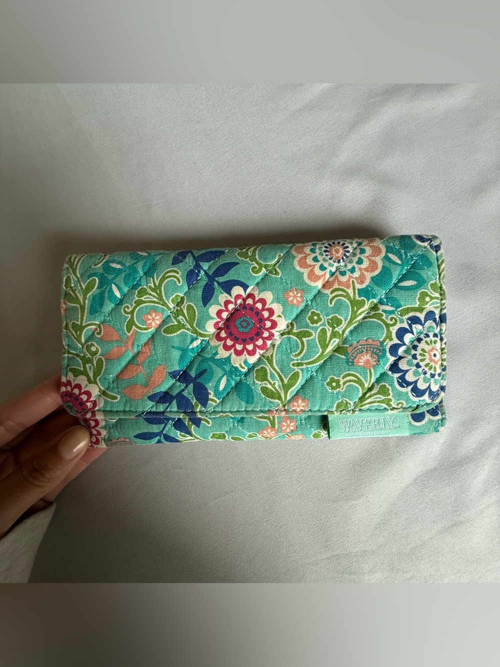 Waverly Quilted Floral Wallet Clutch in Teal and Pink